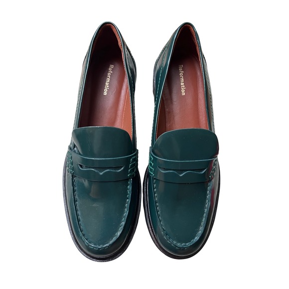 Reformation Agathea Chunky Loafers Deep Forest Green Size 7 Lug Sole Flats - Picture 3 of 8
